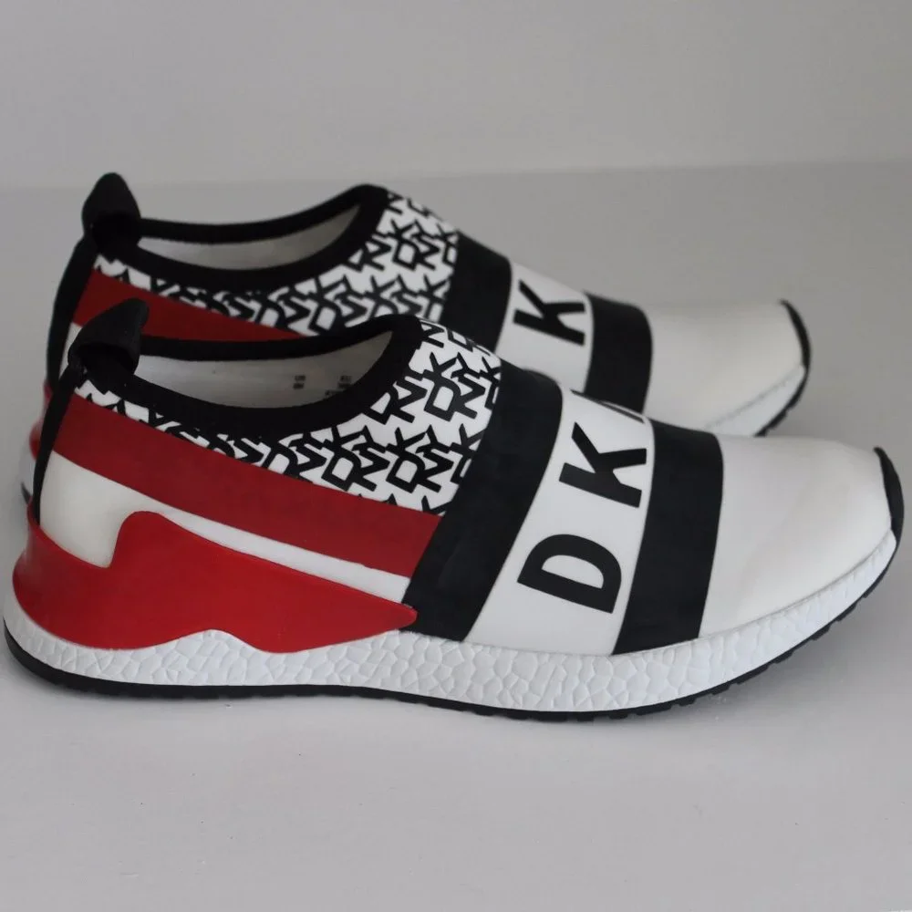 REDUCED DNKY REESE Women Shoes Logo Strap Sneakers Black White Red Size 6 NEW